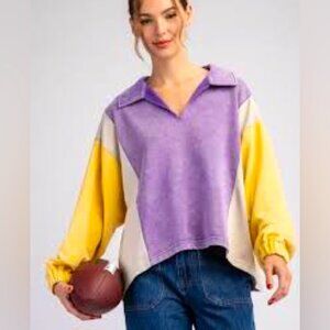 ee:some Size Med Purple/Yellow French Terry V-Neck Collared Long Sleeve Pullover